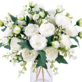 Floweroyal 4 Bossen Pioen Kunstbloemen Witte Bloemen Zijde Pioenen Boeketten voor Trouwfeest Tafelstukken Bloemstuk Thuis Keuken Decor.