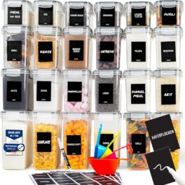Deco haus® Plastic Voorraadbussen, Herbruikbare Voedsel Voorraadpotten met Luchtdicht deksel, Veilig in Magnetron, Vaatwassen & Vriezer, BPA-vrije Plastic Potten, Keuken Bewaaroplossing Set van 24