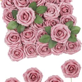 N&T NIETING Kunstbloemen, glitter, rozen, 25 stuks kunstrozen met steel, voor bruiloft, boeketten, middenstukken, arrangement, feest, babyshower, kerstversiering en woondecoratie (roze)